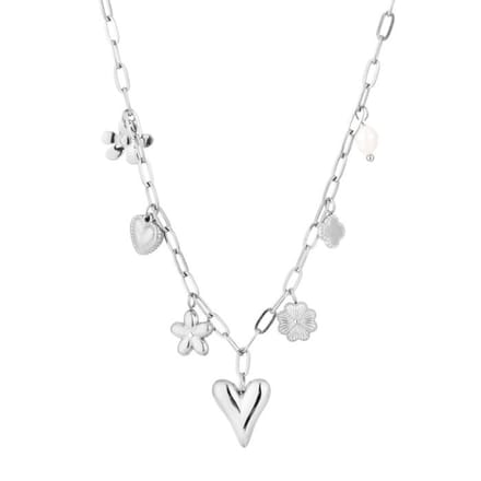Bijoutheek Collier Bedels Charm Hartje Bloem Zilverkleurig