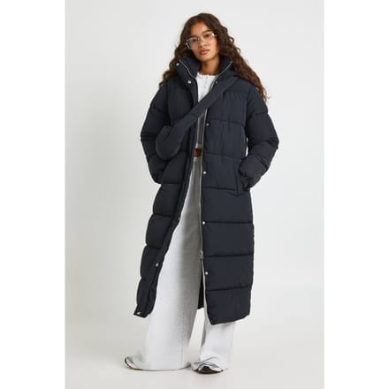 boohoo Dames Capuchon Maxi Puffer met Tas | Zwart | Maat: 36