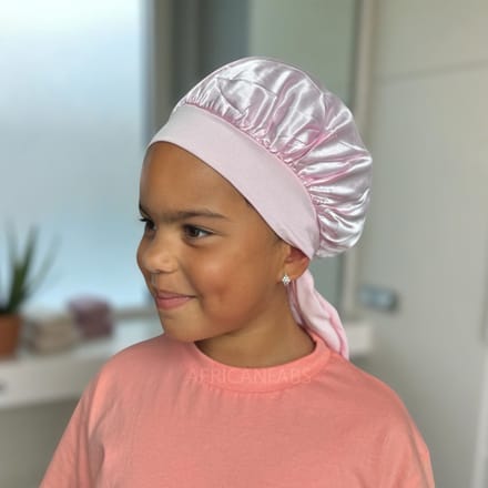 Roze Satijnen slaapmuts met bandjes (kinderen / kindermaat 3-7 jaar) (Kinder Haar Bonnet) – AfricanFabs®