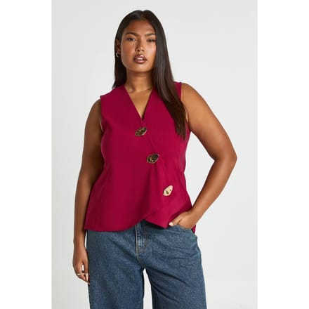 boohoo Dames Plus Gilet met gouden knoopaccent | Berry | Maat: 28