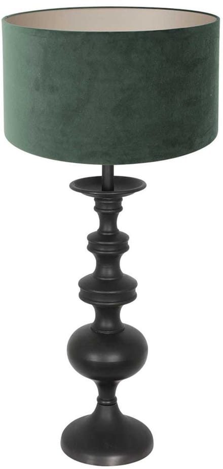 Tafellamp Lyons 3487ZW 58 cm hoog van hout en textiel in zwart met groen velours kap en snoer schakelaar Anne Light Home klassieke stijl