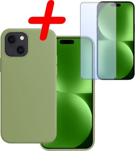 Hoesje Met Screenprotector - Geschikt voor Apple iPhone 15 Plus - Sterk & Shockproof - Back Cover - Siliconen Case - Telefoon Hoes - Groen