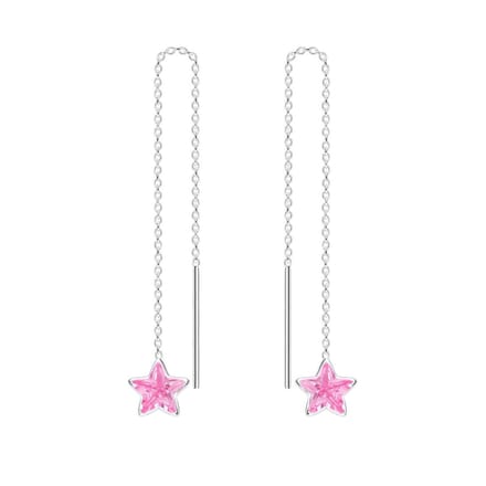 Joy|S - Zilveren ster (6 mm ) pull through oorbellen - kettinkje - zirkonia roze