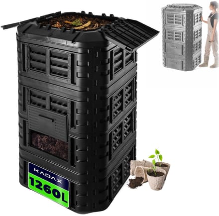 KADAX Module-composteersysteem, snelcomposter van kunststof, compostbak met drukknopen, zwarte thermocomposter met inklapbaar deksel (1260L)