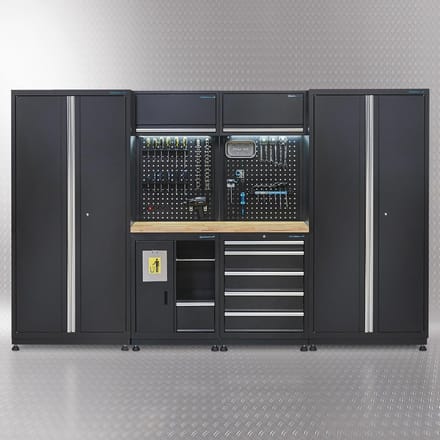 Datona® Werkplaatsinrichting PREMIUM met eiken werkblad 315 cm breed - Zwart