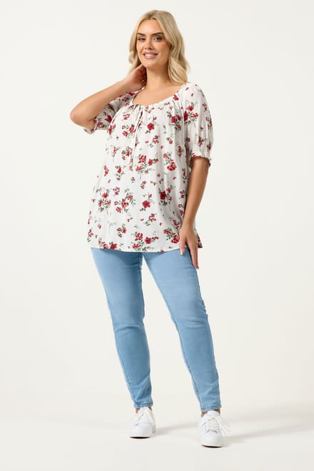Yours Witte Top Met Bloemenprint En Strik Aan De Hals Size 48