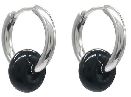 Oorringen met Steen - RVS - 16 mm - Zilverkleurig - Zwarte Steen