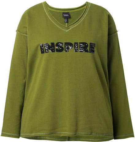 Ulla Popken - Dames - Sweatshirt paillet-letters V-hals lange mouwen - Dennengroen - Maat 62+