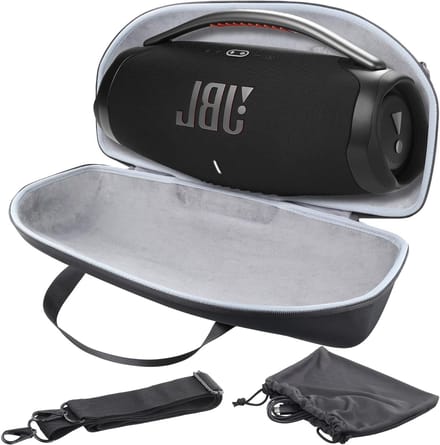 Hard Travel Case met Mini Accessoire Pouch en Schouderriem voor JBL Boombox 3 - Bescherming, Draagbaarheid en Stijlvol Ontwerp in Zwart en Grijs