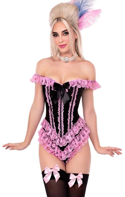 Leg Avenue - Boned Ruffle Bodysuit with Bow Accent Kostuum - M - Zwart/Roze