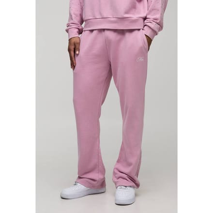 Reguliere pasvorm heren joggers met script, strass en gewassen inzet | Pink | Size Medium