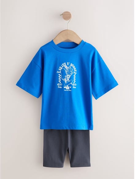 Next - Jongens - Set van T-shirt met korte mouwen en fietsshort - Blauw