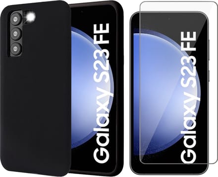 Hoesje geschikt voor Samsung Galaxy S23 FE - Screenprotector Glas - Mat Back Case Zwart