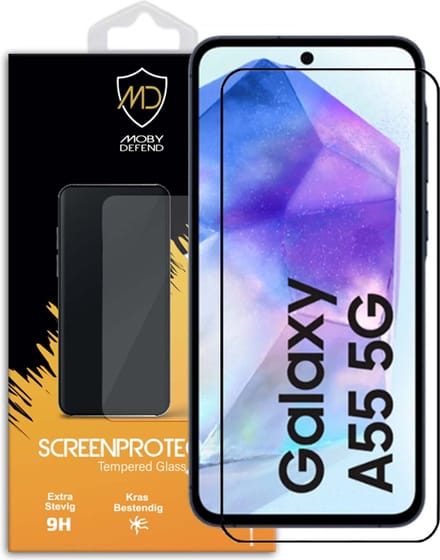 MobyDefend Screenprotector - Geschikt voor Samsung Galaxy A55 - Screensaver Met Zwarte Randen - Gehard Glas