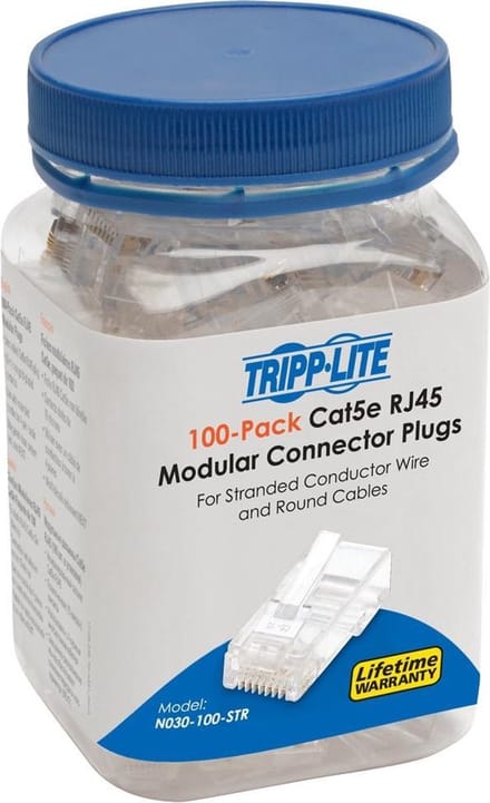 Tripp-Lite N030-100-STR RJ45 Modular Connector for Round Stranded UTP Conductor 4-Pair Cat5e, 100 Pack TrippLite