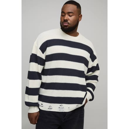 Plus Boxy Distressed Gestreepte Gebreide Trui | Ecru | Size 3XL