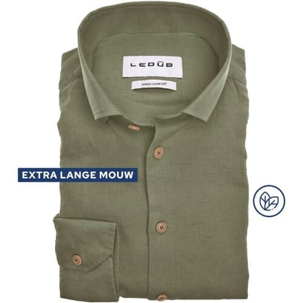 Ledûb Overhemd Solid Color Cotton-Linnen Blend Button-Down Extra Long Sleeve Mouwlengte 7 Midden Groen / male