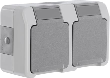 Merten Aquastar contactdoos - spatwaterdicht - opbouw - 2-voudig - randaarde - horizontaal - IP44 - grijs