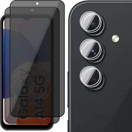 Privacy Screenprotector geschikt voor Samsung Galaxy A14 - 2x Camera Lens Screen Protector & 2x Glas Screen Protector FullGuard