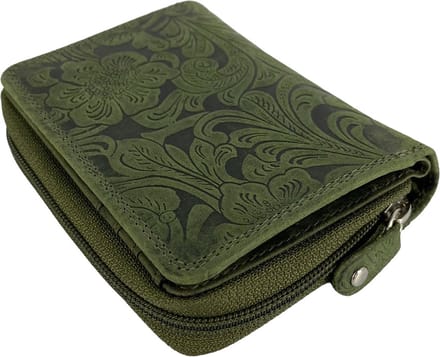 Portemonnee Dames - Buffelleer - Leer - RFID - Bloemenprint - Groen - Arrigo