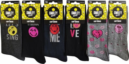 Smiley sokken voor dames - 6 paar leuke kousen met print - One Size - ideaal als geschenk