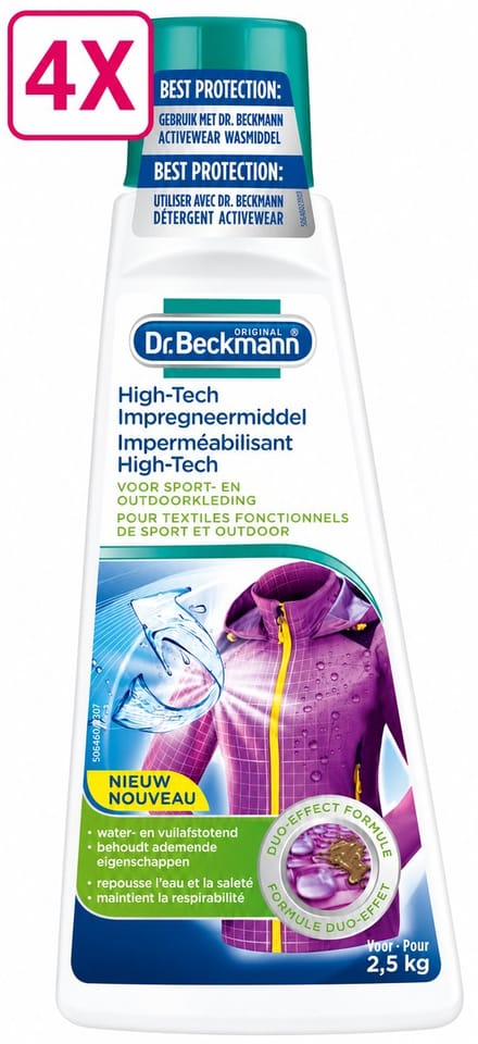 4 x Dr. Beckmann - High Tech Impregneermiddel - Sport & Outdoorkleding - Witte en Gekleurde Was - 2,5 KG