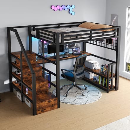 MODFU Hoogslaper 140x200 cm van metaal en MDF, met bureau, opbergruimte en LED-verlichting