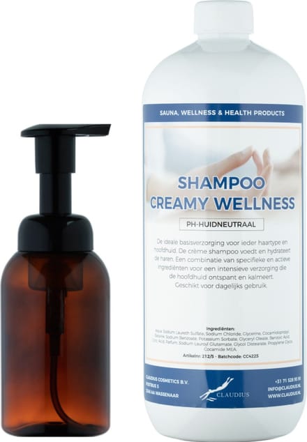 Zeepdispenser 300 ml amber bruin hervulbaar + 1 liter Shampoo Creamy Wellness navulling