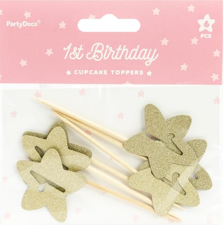 PartyDeco Cupcake Toppers 1st Birthday Gouden Sterren Set/6