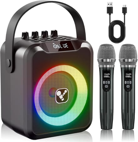 Draagbare karaokemachine met 2 draadloze microfoons en 6 stemvervormers, oplaadbare karaoke-luidspreker met Bluetooth, USB, AUX, TF en MIC