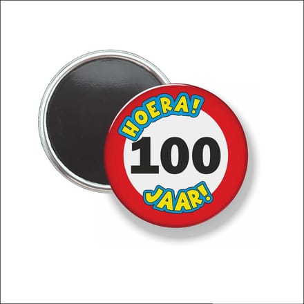 Button Met Magneet 58 MM - Hoera 100 Jaar - NIET VOOR KLEDING