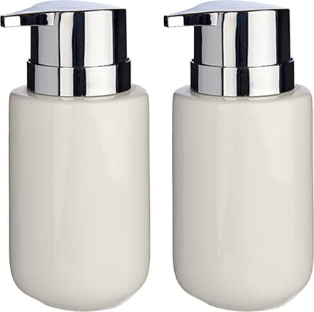 Berilo zeeppompje/dispenser - 2x - keramiek - wit/zilver - 350 ml - toilet/badkamer/keuken - lotionpompje