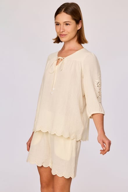 Woody - Zomermode - Ecru set van geweven katoen - XS