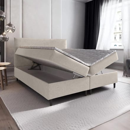 Boxspring met Opbergruimte Milou - 140x200 cm - Bonellvering - Stof Beige - 2-Persoons