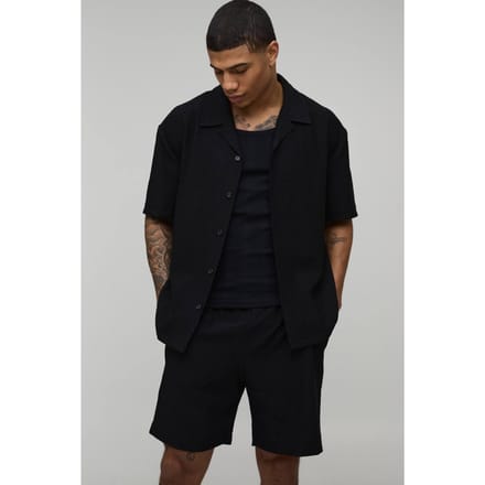 Oversized Shirt En Ontspannen Plissé Set Met Middellange Short | Black | Size Medium