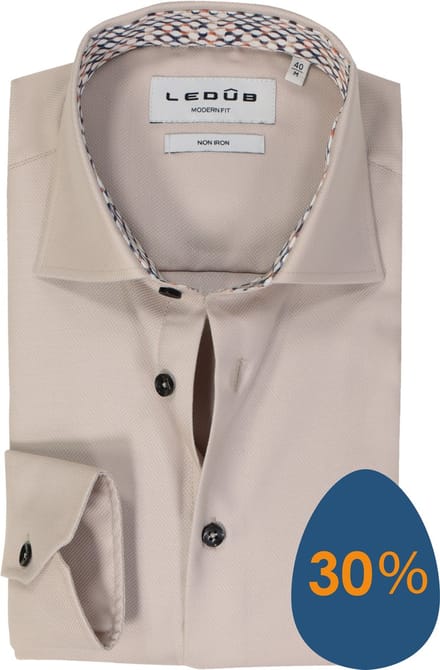 Ledub modern fit overhemd - popeline - lichtbruin - Strijkvrij - Boordmaat: 46