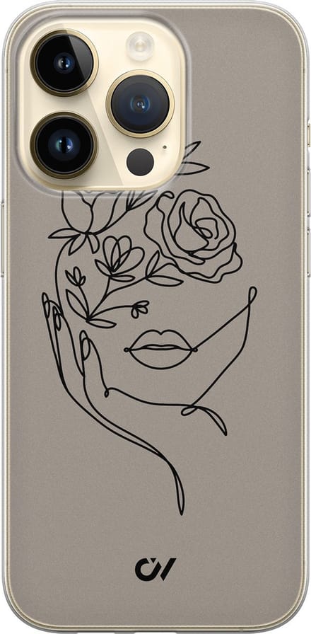 Hoesje geschikt voor Apple iPhone 14 Pro - Oneline Face Flower - - Grijs - Apple - Casevibes