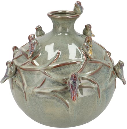 DK Design Vaas Spring birds - mosgroen - keramiek - D29 x H28 cm - bloemenvaas