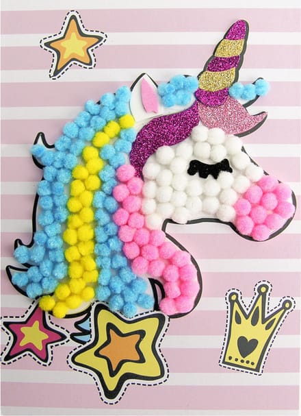 Knutselset Kind 3+ - Eenhoorn Glitters - Pompoms Vorm Plakken - Hobby - 15x21cm