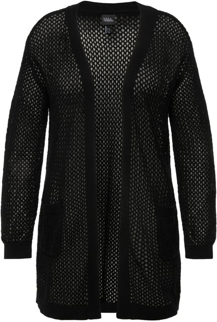 Ulla Popken - Dames - Lang vest mesh-look open model V-hals - Zwart - Maat 46+