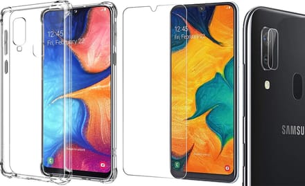 Hoesje geschikt voor Samsung Galaxy A30 - Screenprotector Glas & Camera Screen Protector - Transparant Shock Case