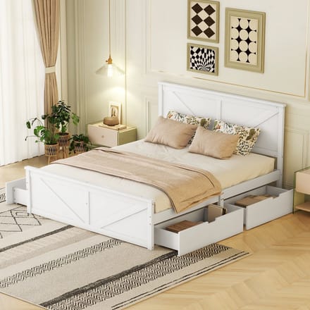 MODFU - Bedframe 160x200 cm – Met 4 uitneembare opberglades – Grenenhout – Wit
