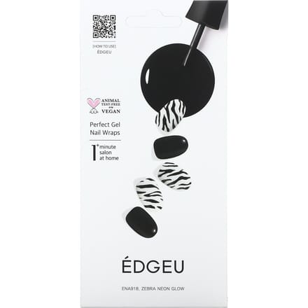 Edgeu, Perfect Gel Nail Wraps, ENA918, Zebra Neon Glow, lot de 16 bandes black