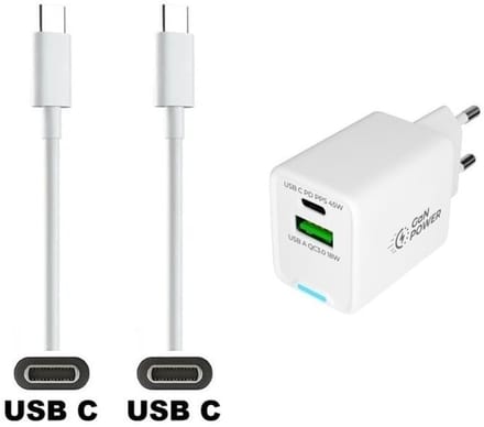 OneOne 45W super snellader met 2 poorten en screenprotector van glas voor iPhone 16e + 0,5m sterke USB C naar C kabel. Witte PD PPS lader. GaN oplader adapter. Screenprotector past op Apple iPhone 16e, iPhone 17e