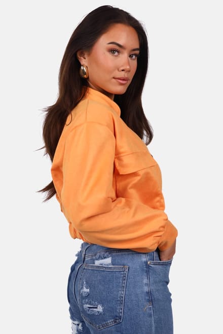 Getdrezzed Jasje - Maat: S/M - Suede look bomberjack met drukknoopsluiting oranje