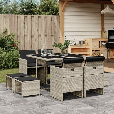 vidaXL - 9-delige - Tuinset - met - kussens - poly - rattan - lichtgrijs