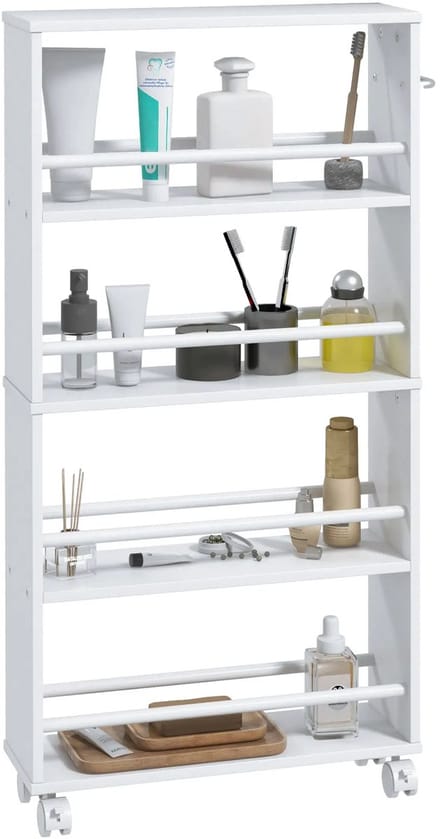 Pugsdrly Multifunctionele plank met wieltjes, smal ontwerp, 4 vakken, 45x15x91 cm, wit