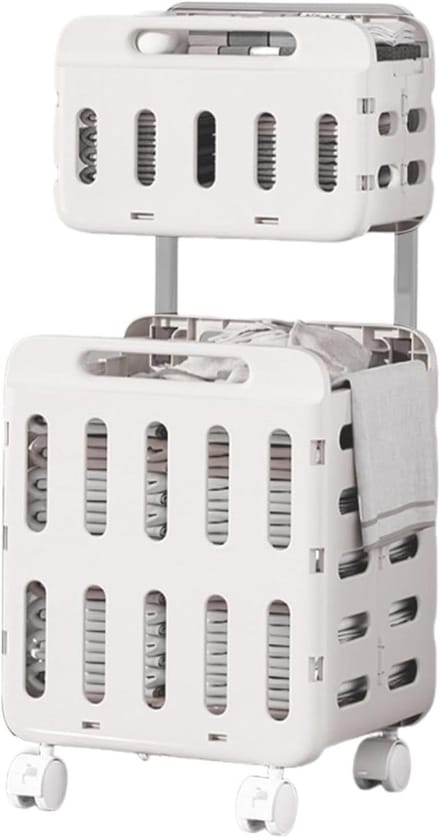 Opvouwbare Wasbox - Kledingmand Wielen - Ordelijk Huis - Dubbele Laag - 47 x 41 x 14 cm - Wit