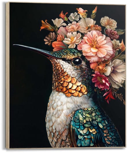 Schilderij Kolibrie met bloemenkroon - 40 x 50 - Hout - REINDERS