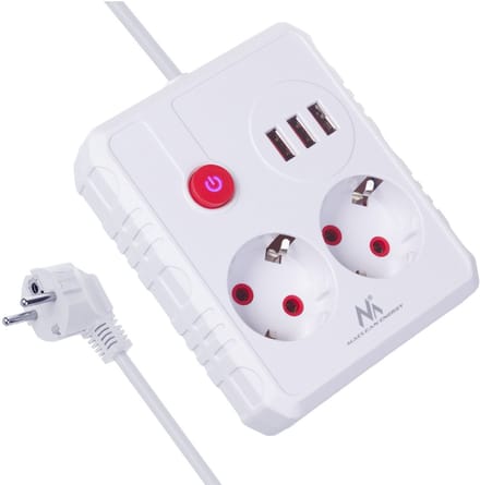 Maclean MCE388 W - Stekkerdoos - 2 stopcontacten + 3xUSB - 110-240V AC 50/60Hz - 2,1A max 2500W - 3 m - wit